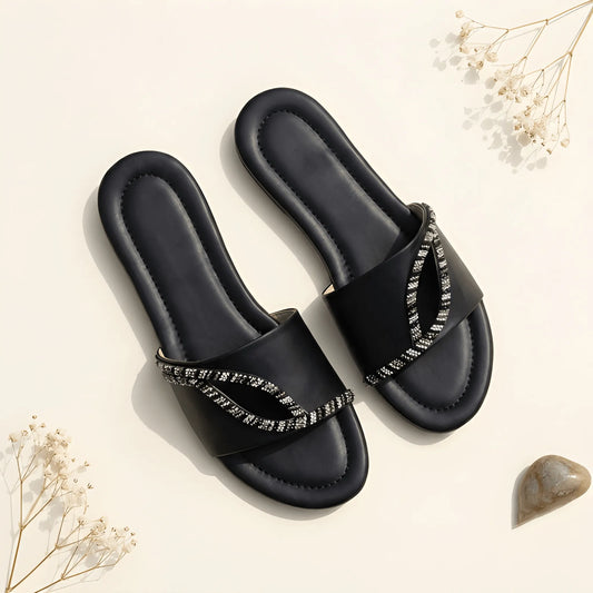 Rhinestone Embellished Slipper - Black