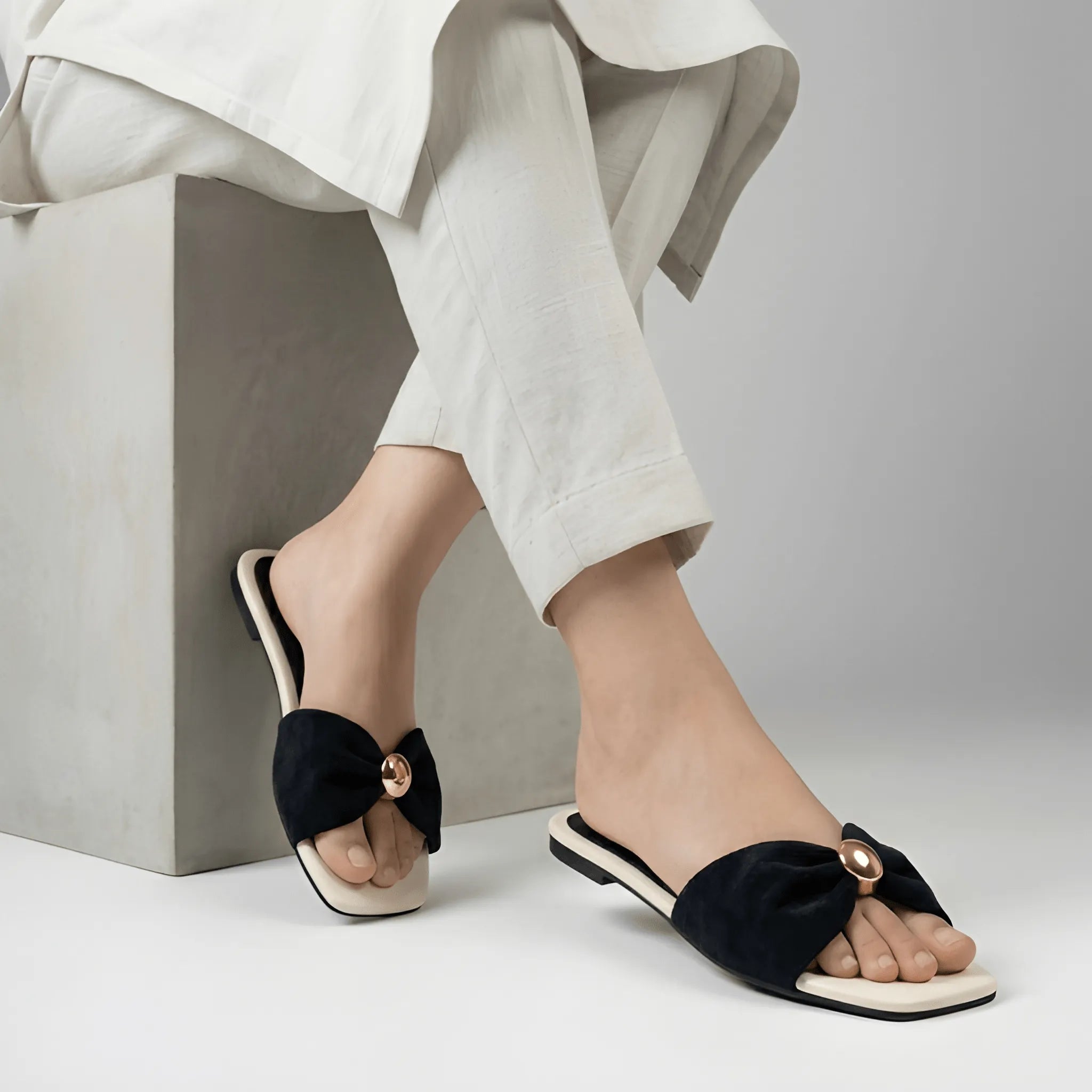 Square Toe Bow Slipper - White