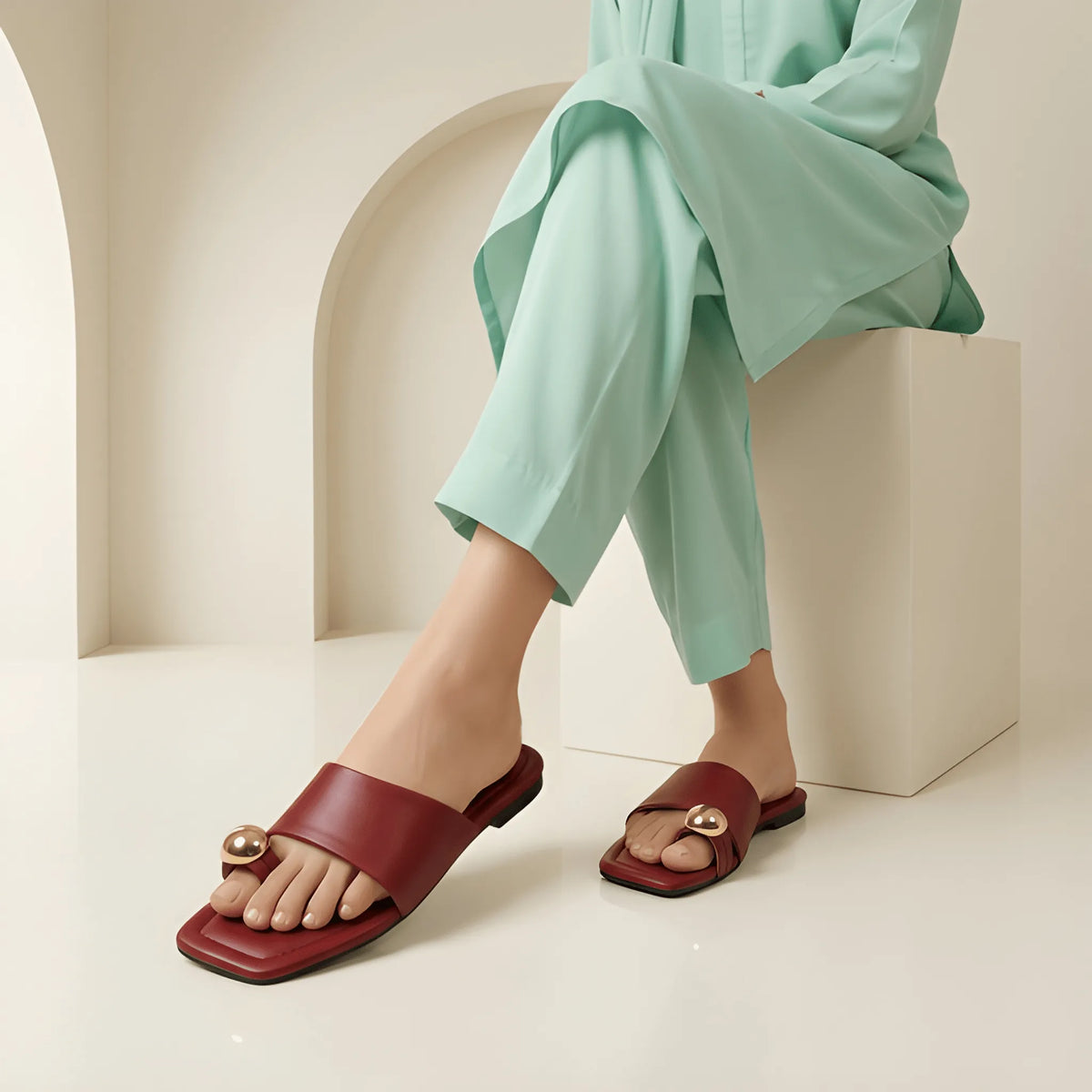 Square Toe Flat Slide - Red