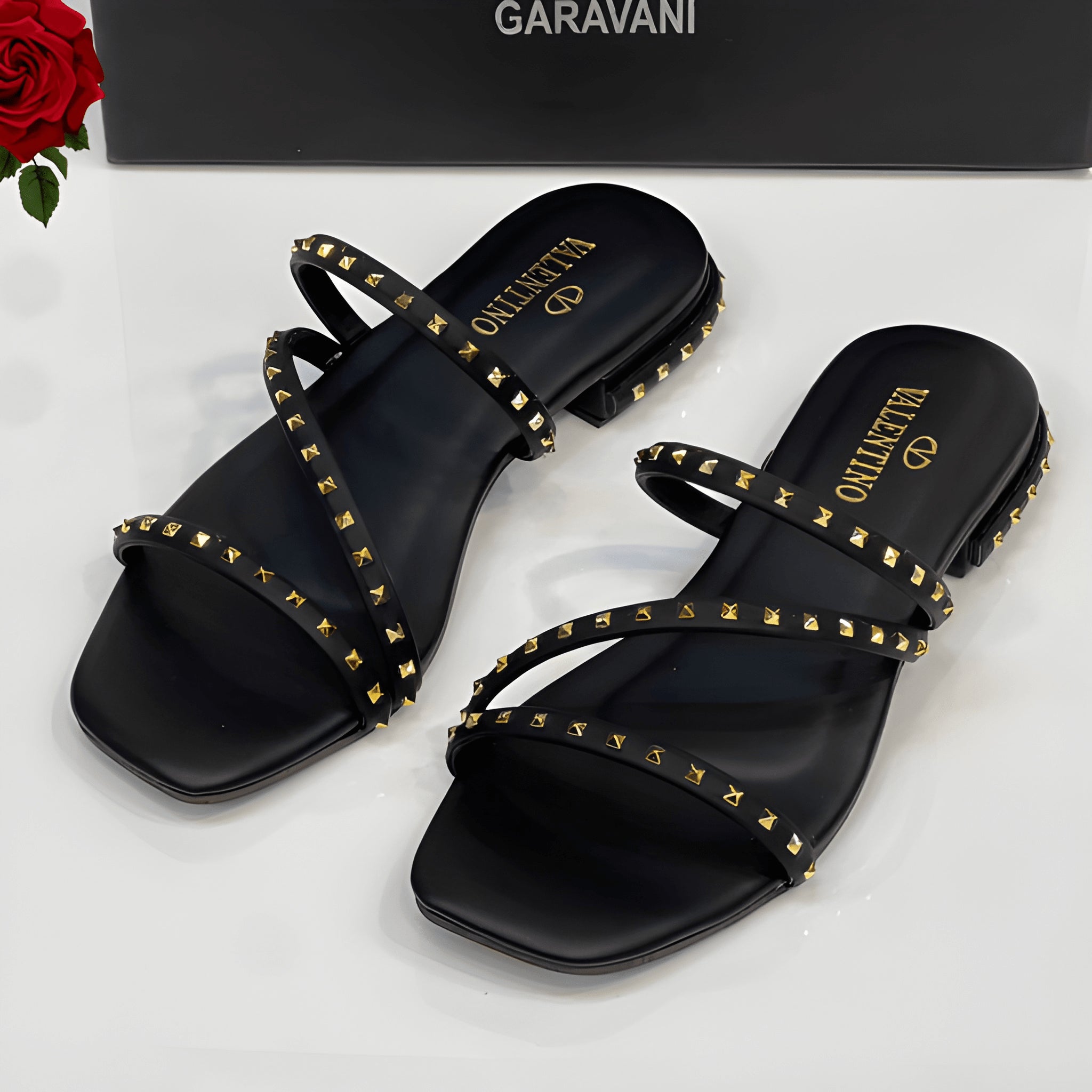 Studded Comfort 1” Low Heel Sandals - Black