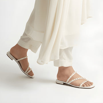 Studded Comfort 1” Low Heel Sandals - White