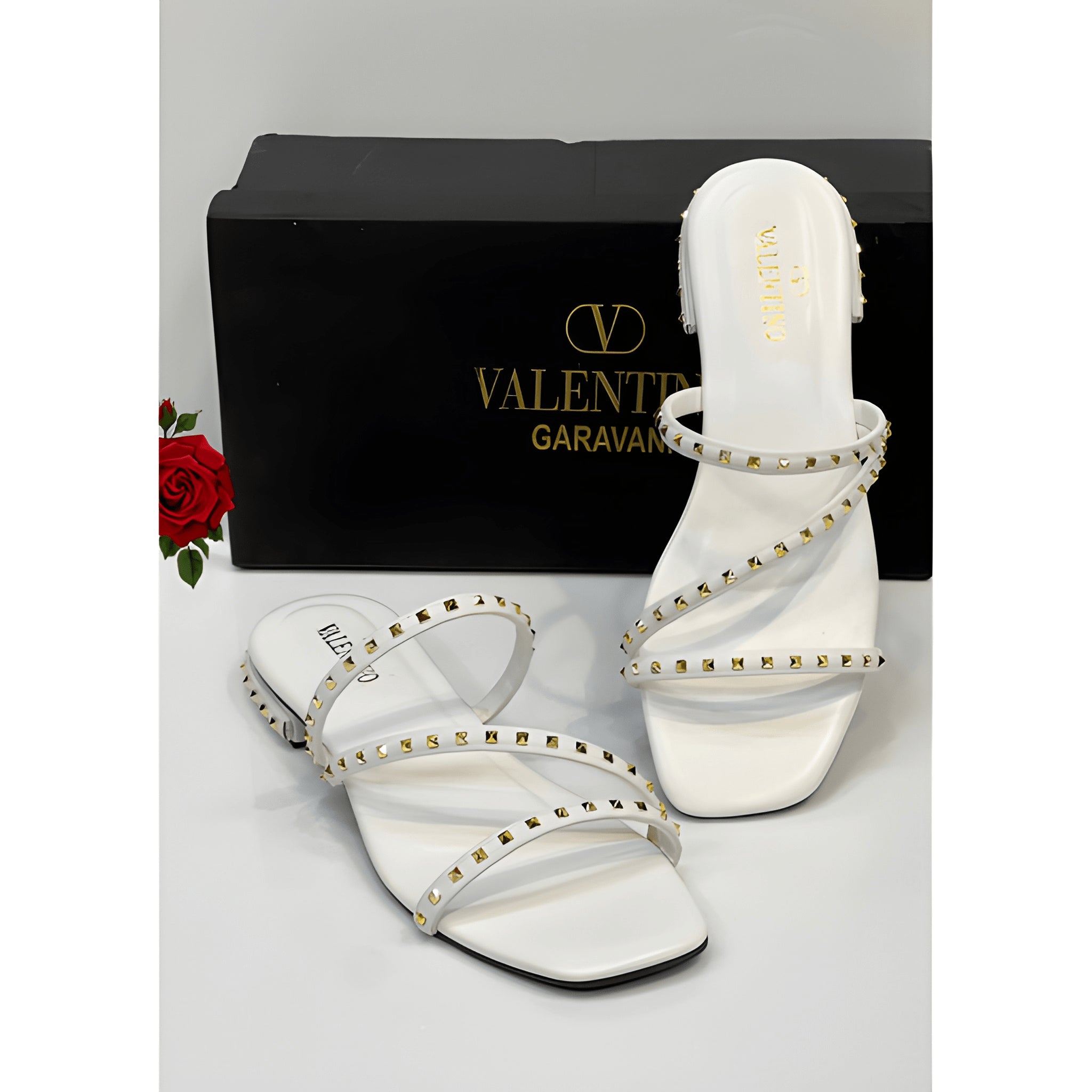 Studded Comfort 1” Low Heel Sandals - White