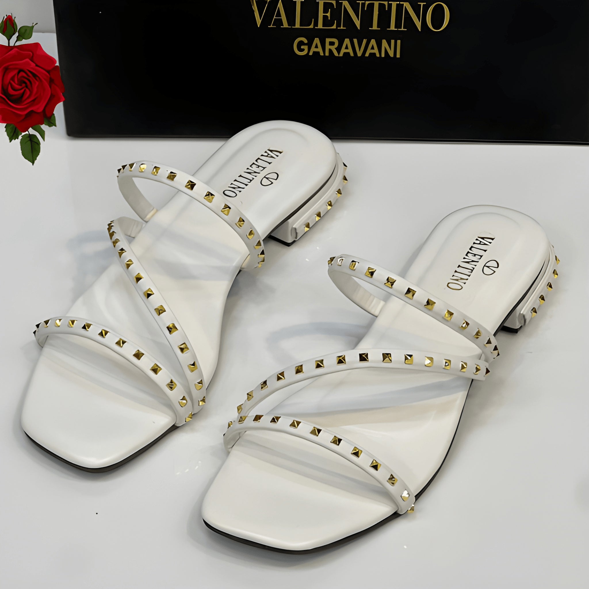 Studded Comfort 1” Low Heel Sandals - White