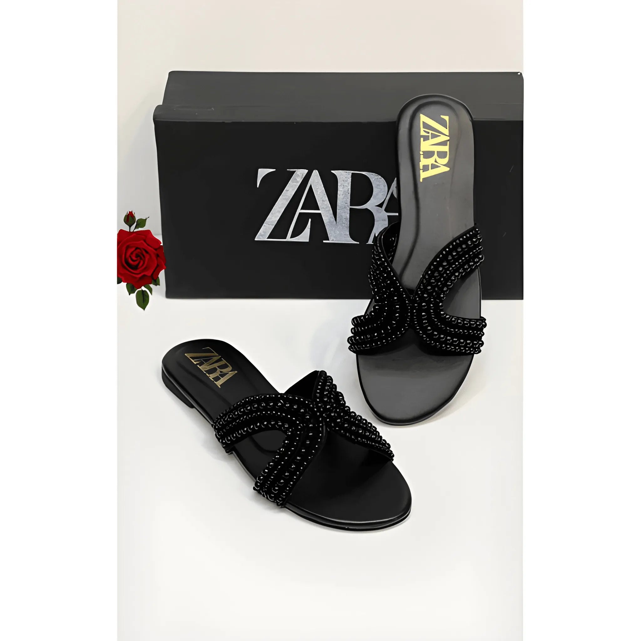 Trendy Pearl Flat Slipper - Black