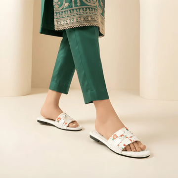 Woven Floral Strap Slipper - White