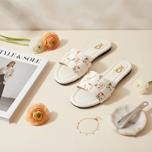 Woven Floral Strap Slipper - White