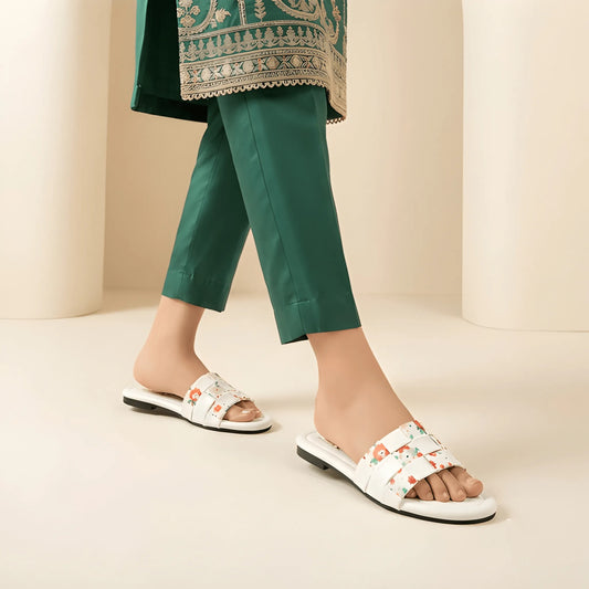 Woven Floral Strap Slipper - White